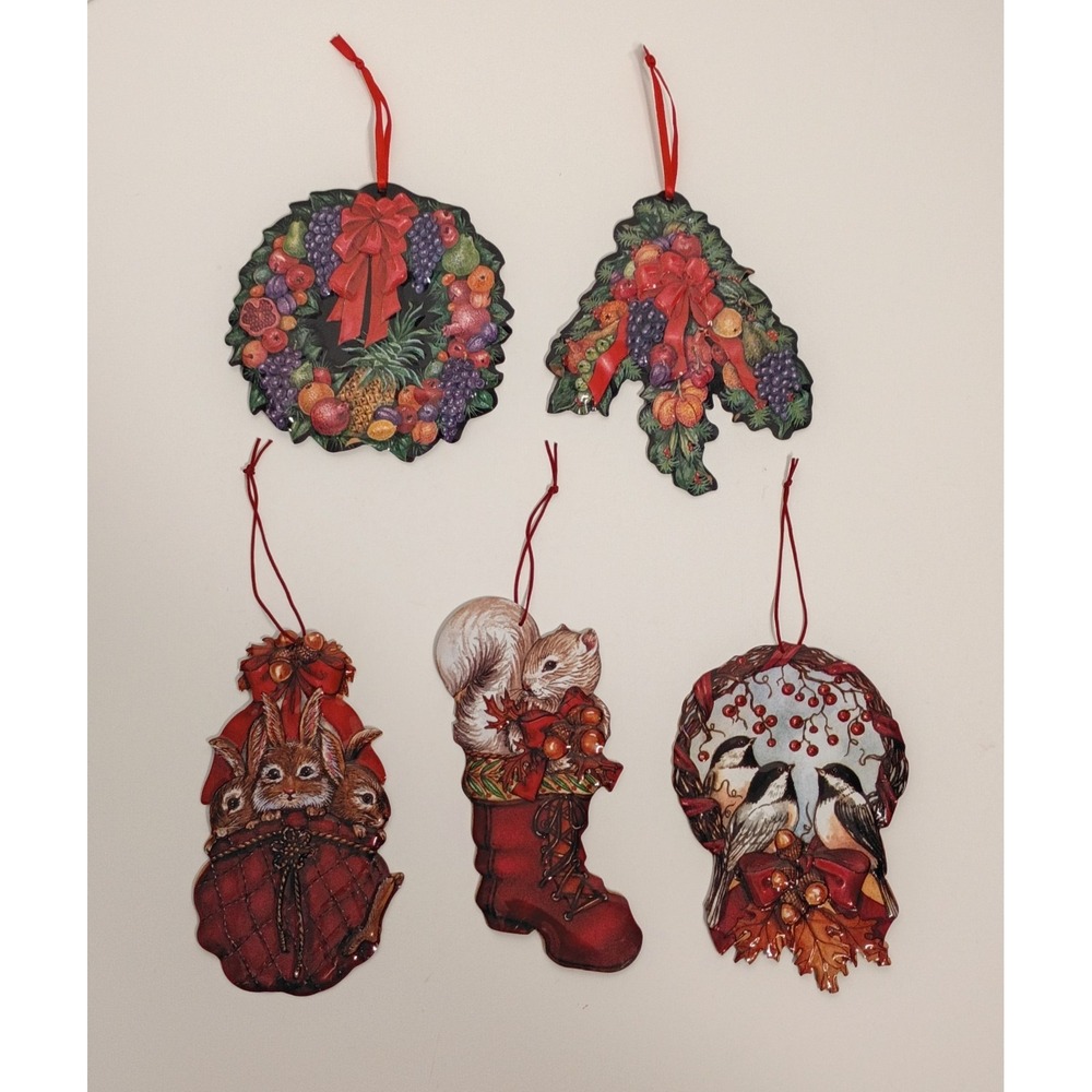 Pressed Tin Vintage Christmas Ornaments Lot of 5, Squirrel, Fruit, Rabbits,Birds